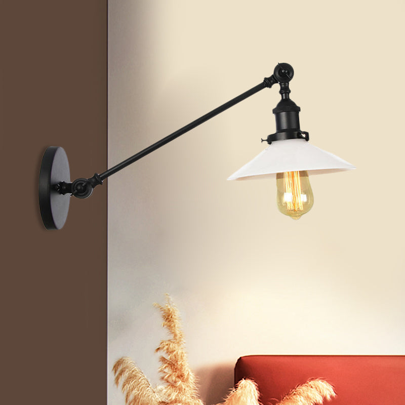 Avtoit | Industrial Conical Wall Lamp 1 Light Opal Glass Wall Lamp in Black/Copper/Brass with Arm, 8"/12" L