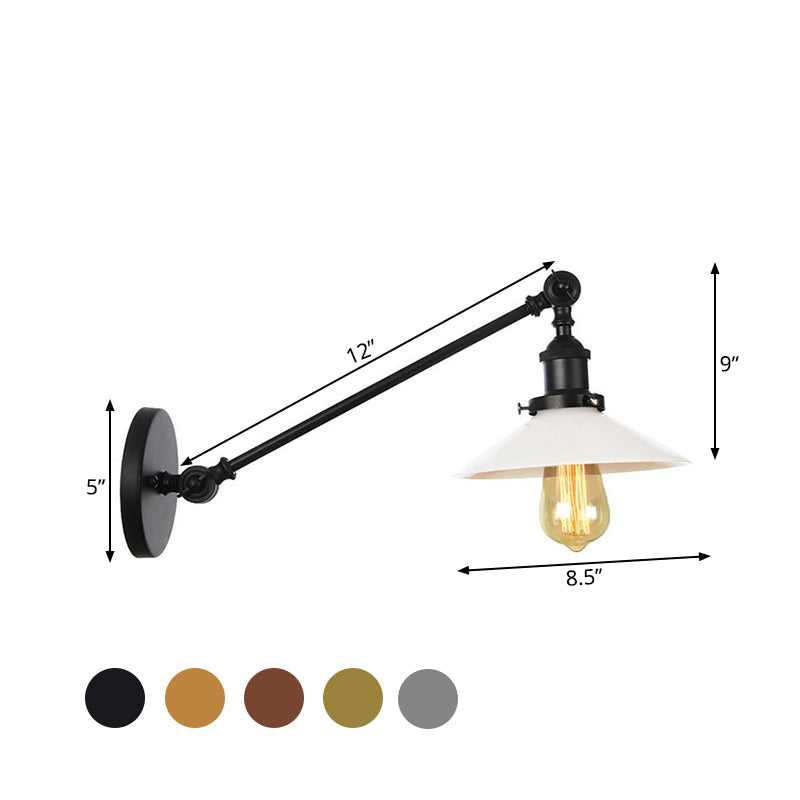 Avtoit | Industrial Conical Wall Lamp 1 Light Opal Glass Wall Lamp in Black/Copper/Brass with Arm, 8"/12" L