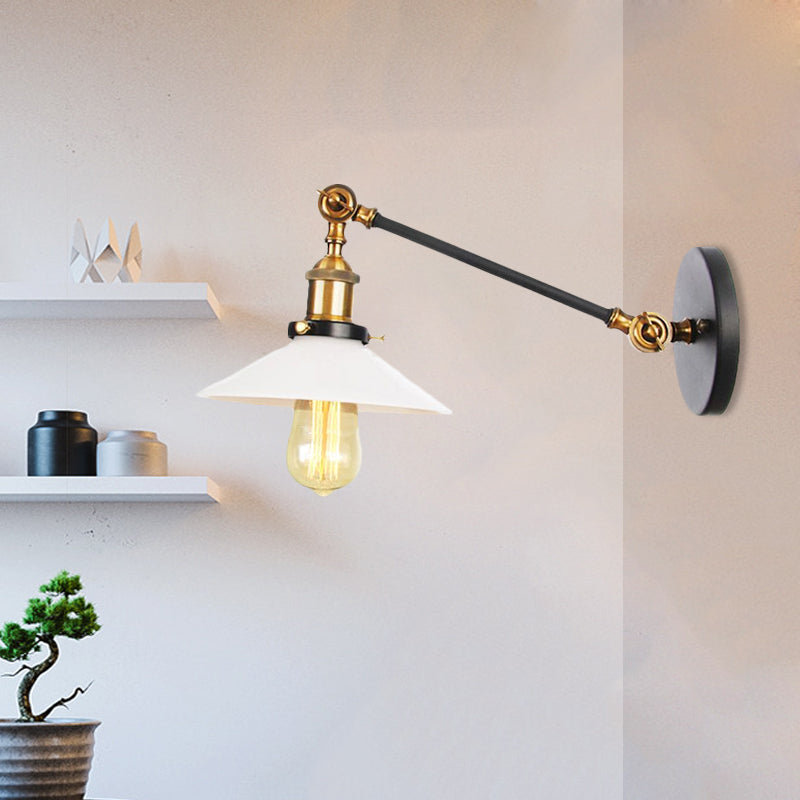 Avtoit | Industrial Conical Wall Lamp 1 Light Opal Glass Wall Lamp in Black/Copper/Brass with Arm, 8"/12" L