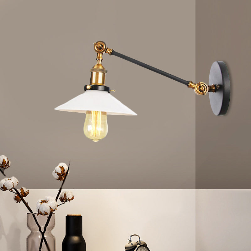 Avtoit | Industrial Conical Wall Lamp 1 Light Opal Glass Wall Lamp in Black/Copper/Brass with Arm, 8"/12" L