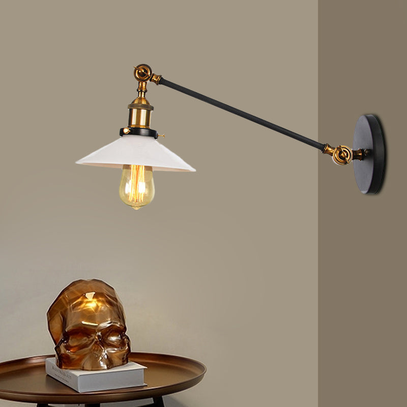 Avtoit | Industrial Conical Wall Lamp 1 Light Opal Glass Wall Lamp in Black/Copper/Brass with Arm, 8"/12" L