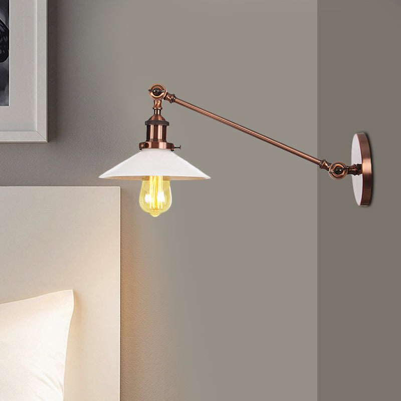 Avtoit | Industrial Conical Wall Lamp 1 Light Opal Glass Wall Lamp in Black/Copper/Brass with Arm, 8"/12" L