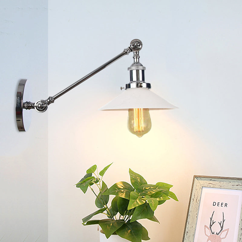 Avtoit | Industrial Conical Wall Lamp 1 Light Opal Glass Wall Lamp in Black/Copper/Brass with Arm, 8"/12" L