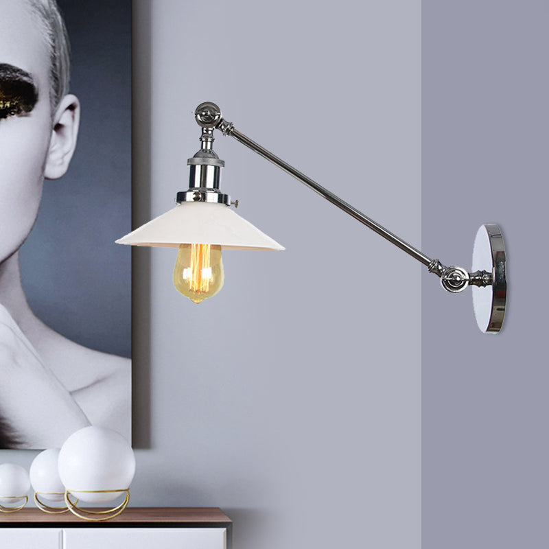 Avtoit | Industrial Conical Wall Lamp 1 Light Opal Glass Wall Lamp in Black/Copper/Brass with Arm, 8"/12" L