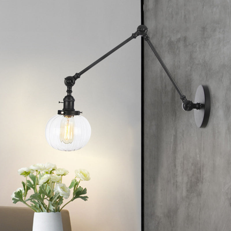 Avtoit | Globe Clear/Amber Glass Wall Mounted Lighting Vintage 1 Light Indoor Sconces in Brass/Chrome/Black with Adjustable Arm, 8"+8"/8"+8"+8" L