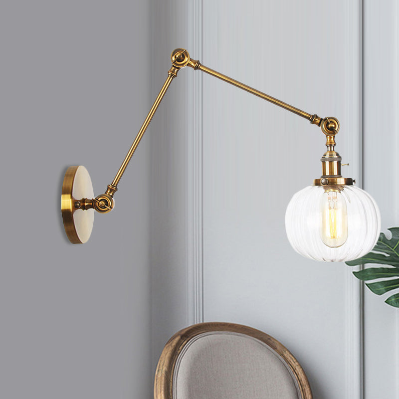 Avtoit | Globe Clear/Amber Glass Wall Mounted Lighting Vintage 1 Light Indoor Sconces in Brass/Chrome/Black with Adjustable Arm, 8"+8"/8"+8"+8" L