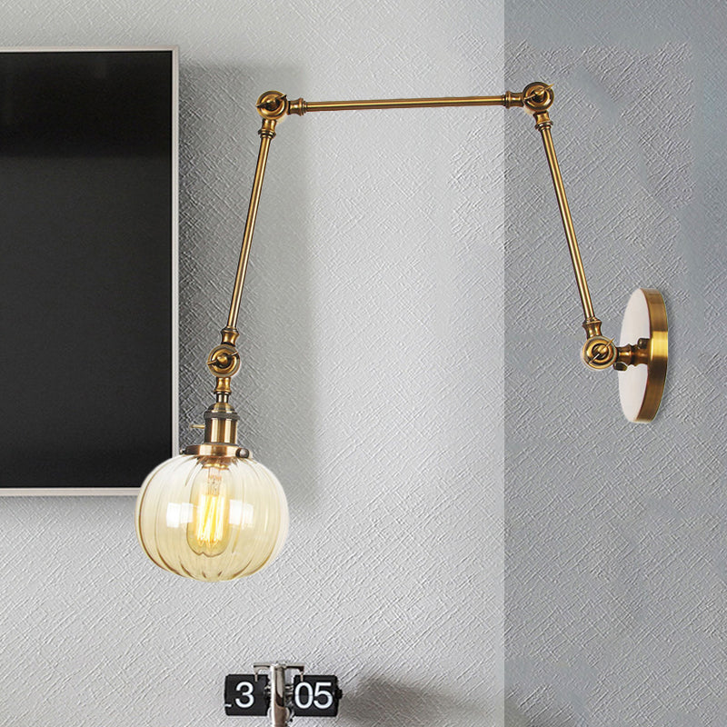 Avtoit | Globe Clear/Amber Glass Wall Mounted Lighting Vintage 1 Light Indoor Sconces in Brass/Chrome/Black with Adjustable Arm, 8"+8"/8"+8"+8" L