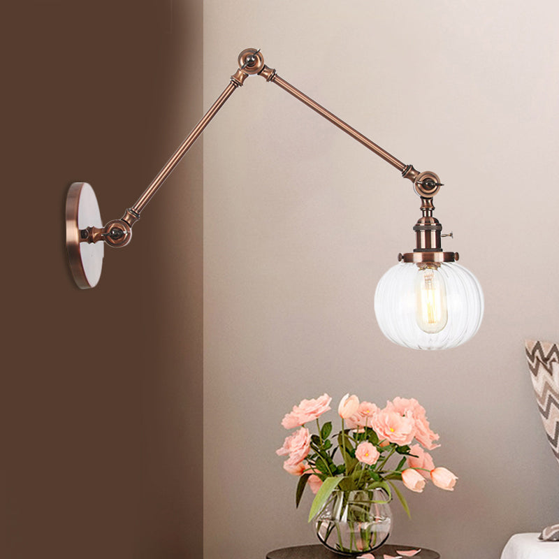 Avtoit | Globe Clear/Amber Glass Wall Mounted Lighting Vintage 1 Light Indoor Sconces in Brass/Chrome/Black with Adjustable Arm, 8"+8"/8"+8"+8" L