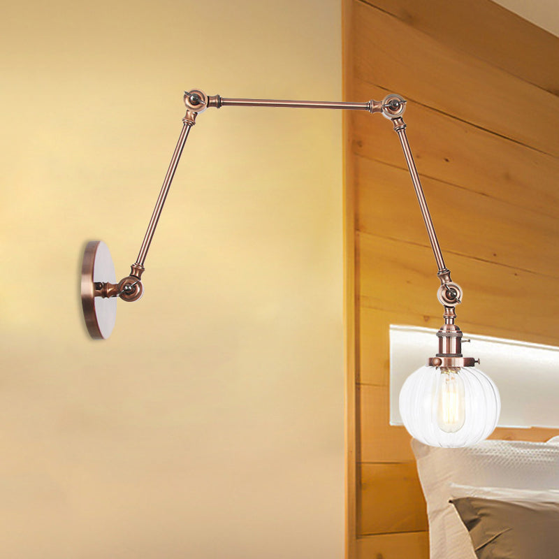 Avtoit | Globe Clear/Amber Glass Wall Mounted Lighting Vintage 1 Light Indoor Sconces in Brass/Chrome/Black with Adjustable Arm, 8"+8"/8"+8"+8" L