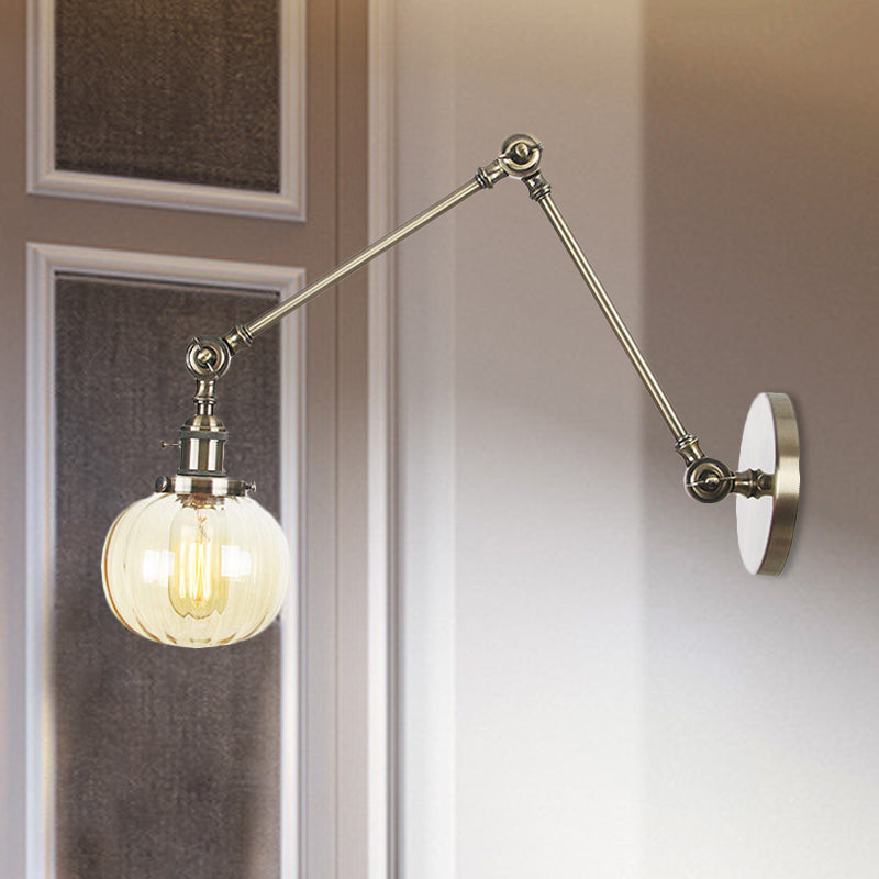 Avtoit | Globe Clear/Amber Glass Wall Mounted Lighting Vintage 1 Light Indoor Sconces in Brass/Chrome/Black with Adjustable Arm, 8"+8"/8"+8"+8" L