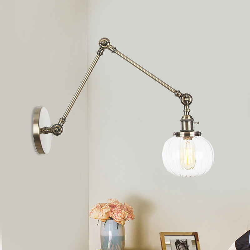 Avtoit | Globe Clear/Amber Glass Wall Mounted Lighting Vintage 1 Light Indoor Sconces in Brass/Chrome/Black with Adjustable Arm, 8"+8"/8"+8"+8" L