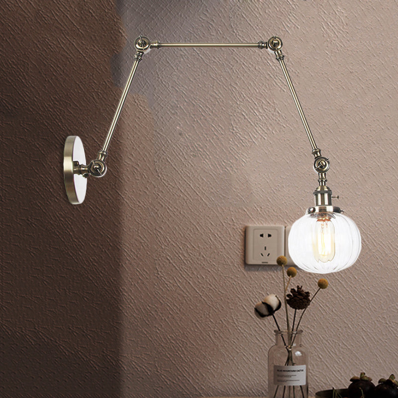 Avtoit | Globe Clear/Amber Glass Wall Mounted Lighting Vintage 1 Light Indoor Sconces in Brass/Chrome/Black with Adjustable Arm, 8"+8"/8"+8"+8" L