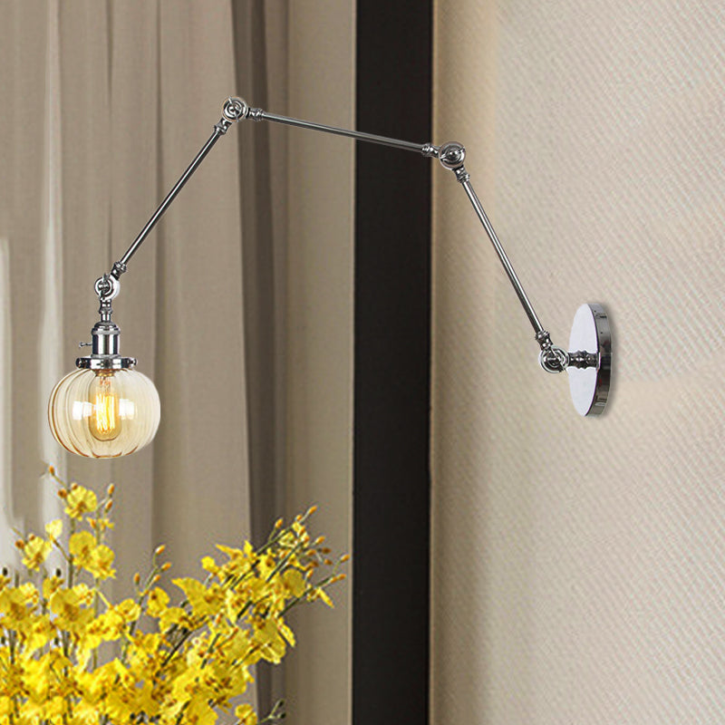 Avtoit | Globe Clear/Amber Glass Wall Mounted Lighting Vintage 1 Light Indoor Sconces in Brass/Chrome/Black with Adjustable Arm, 8"+8"/8"+8"+8" L