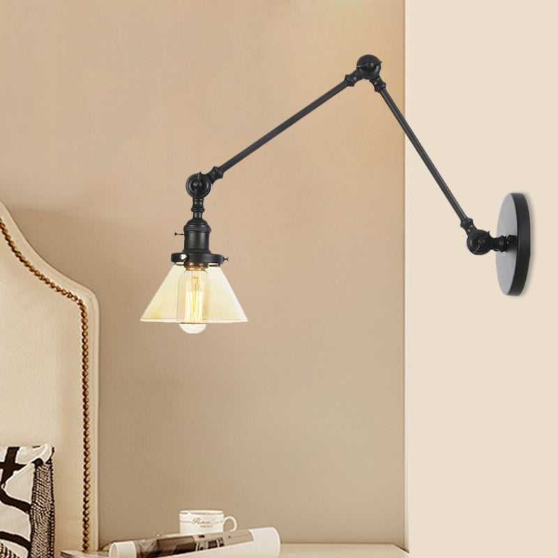 Avtoit | 1 Light Wall Lamp Industrial Cone Clear/Amber Glass Wall Lamp in Black/Bronze/Brass with Adjustable Arm, 8“+8"/8"+8"+8" Long