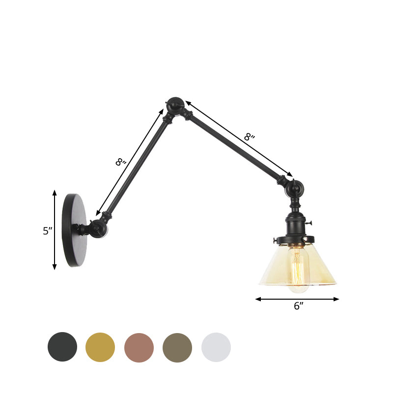 Avtoit | 1 Light Wall Lamp Industrial Cone Clear/Amber Glass Wall Lamp in Black/Bronze/Brass with Adjustable Arm, 8“+8"/8"+8"+8" Long
