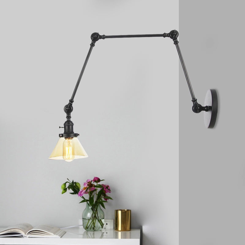 Avtoit | 1 Light Wall Lamp Industrial Cone Clear/Amber Glass Wall Lamp in Black/Bronze/Brass with Adjustable Arm, 8“+8"/8"+8"+8" Long