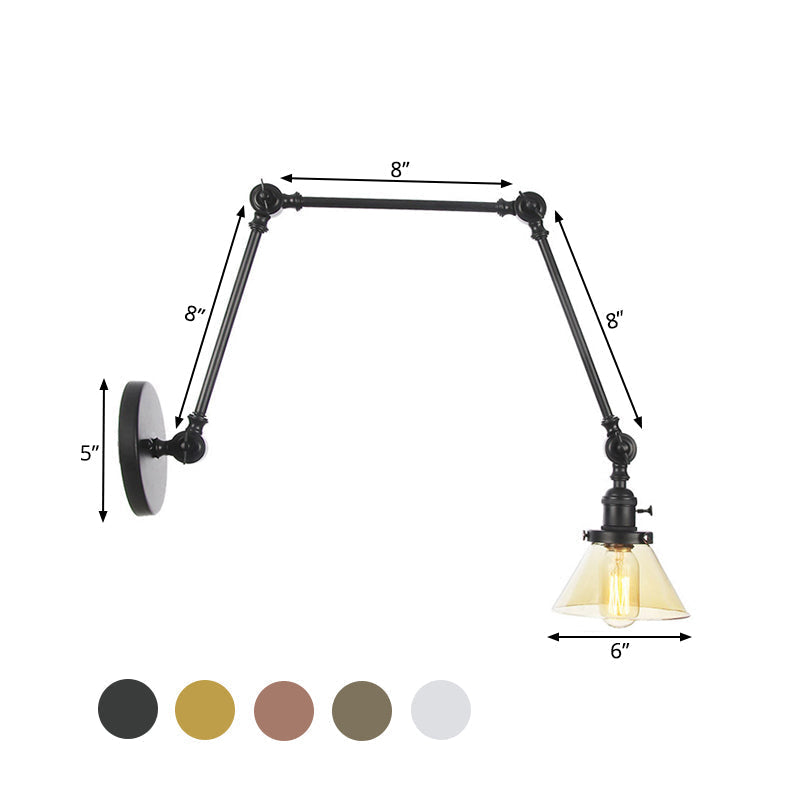 Avtoit | 1 Light Wall Lamp Industrial Cone Clear/Amber Glass Wall Lamp in Black/Bronze/Brass with Adjustable Arm, 8“+8"/8"+8"+8" Long