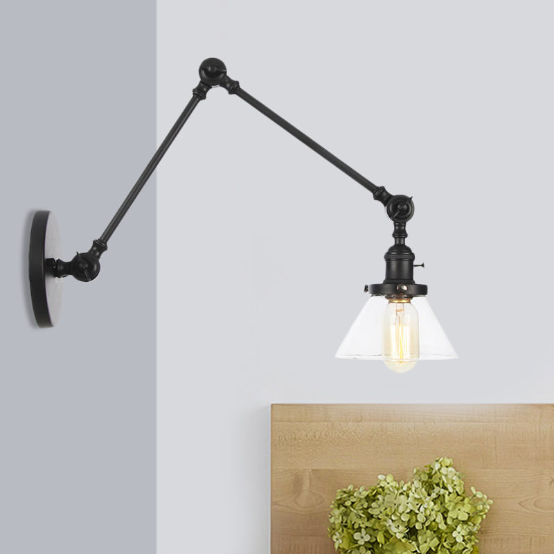 Avtoit | 1 Light Wall Lamp Industrial Cone Clear/Amber Glass Wall Lamp in Black/Bronze/Brass with Adjustable Arm, 8“+8"/8"+8"+8" Long