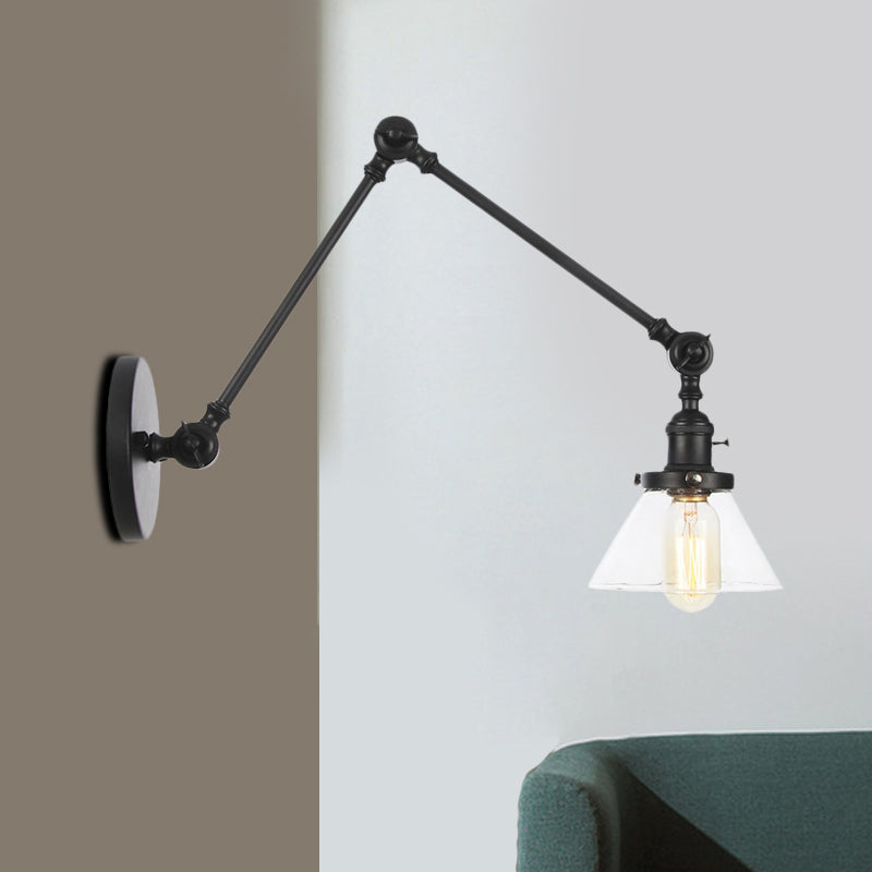 Avtoit | 1 Light Wall Lamp Industrial Cone Clear/Amber Glass Wall Lamp in Black/Bronze/Brass with Adjustable Arm, 8“+8"/8"+8"+8" Long