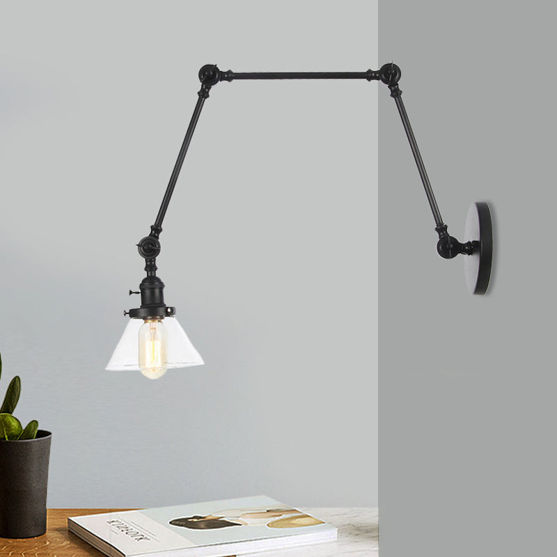 Avtoit | 1 Light Wall Lamp Industrial Cone Clear/Amber Glass Wall Lamp in Black/Bronze/Brass with Adjustable Arm, 8“+8"/8"+8"+8" Long