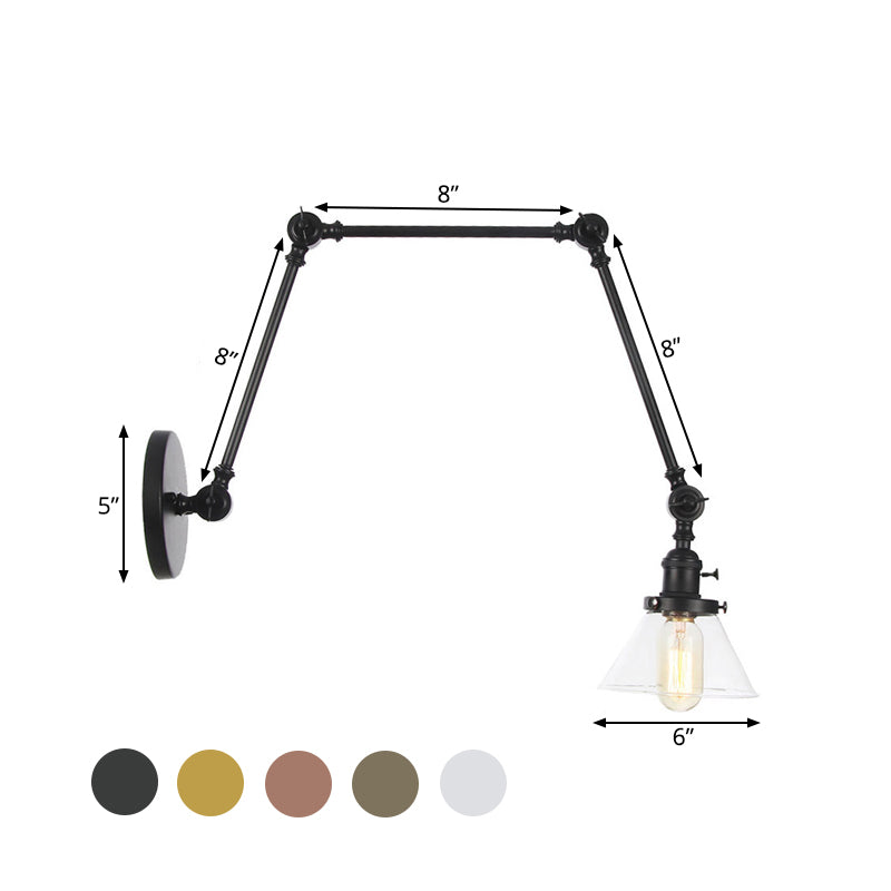 Avtoit | 1 Light Wall Lamp Industrial Cone Clear/Amber Glass Wall Lamp in Black/Bronze/Brass with Adjustable Arm, 8“+8"/8"+8"+8" Long