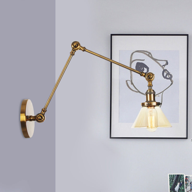 Avtoit | 1 Light Wall Lamp Industrial Cone Clear/Amber Glass Wall Lamp in Black/Bronze/Brass with Adjustable Arm, 8“+8"/8"+8"+8" Long