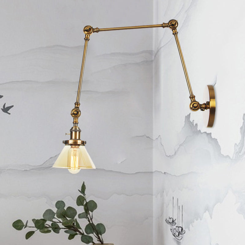 Avtoit | 1 Light Wall Lamp Industrial Cone Clear/Amber Glass Wall Lamp in Black/Bronze/Brass with Adjustable Arm, 8“+8"/8"+8"+8" Long