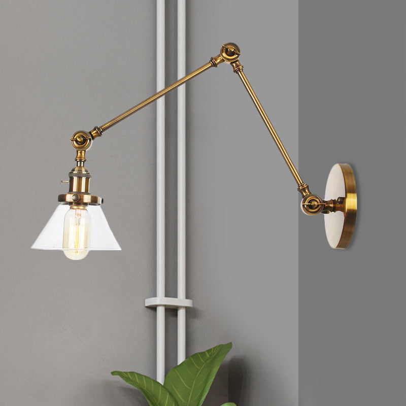 Avtoit | 1 Light Wall Lamp Industrial Cone Clear/Amber Glass Wall Lamp in Black/Bronze/Brass with Adjustable Arm, 8“+8"/8"+8"+8" Long