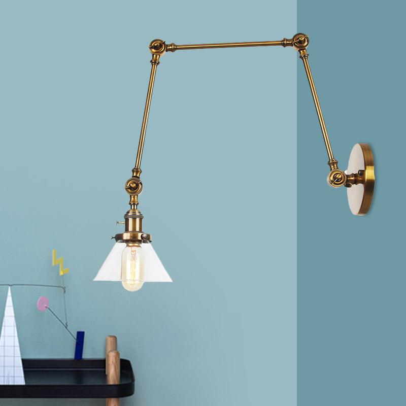 Avtoit | 1 Light Wall Lamp Industrial Cone Clear/Amber Glass Wall Lamp in Black/Bronze/Brass with Adjustable Arm, 8“+8"/8"+8"+8" Long