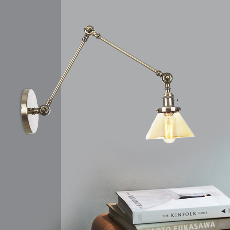 Avtoit | 1 Light Wall Lamp Industrial Cone Clear/Amber Glass Wall Lamp in Black/Bronze/Brass with Adjustable Arm, 8“+8"/8"+8"+8" Long