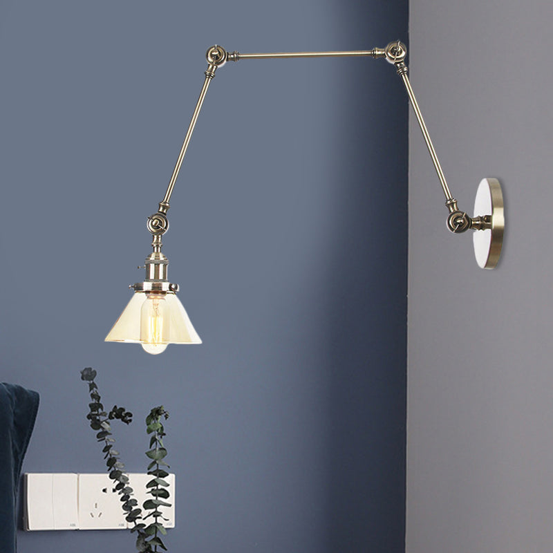 Avtoit | 1 Light Wall Lamp Industrial Cone Clear/Amber Glass Wall Lamp in Black/Bronze/Brass with Adjustable Arm, 8“+8"/8"+8"+8" Long