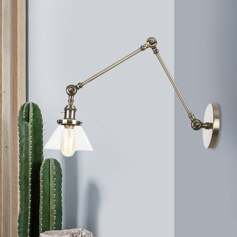 Avtoit | 1 Light Wall Lamp Industrial Cone Clear/Amber Glass Wall Lamp in Black/Bronze/Brass with Adjustable Arm, 8“+8"/8"+8"+8" Long