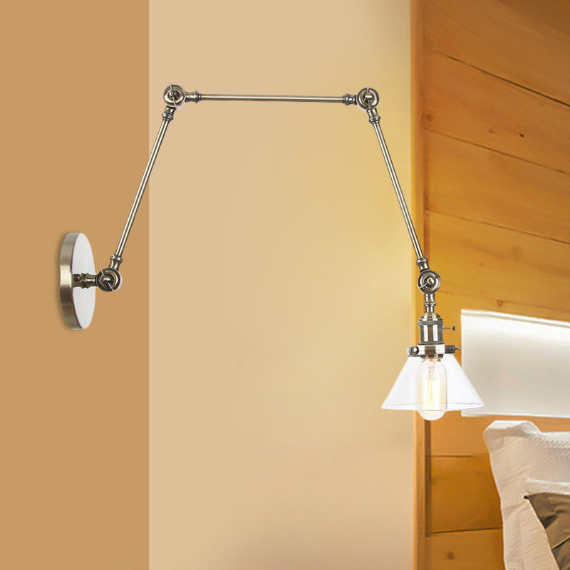 Avtoit | 1 Light Wall Lamp Industrial Cone Clear/Amber Glass Wall Lamp in Black/Bronze/Brass with Adjustable Arm, 8“+8"/8"+8"+8" Long