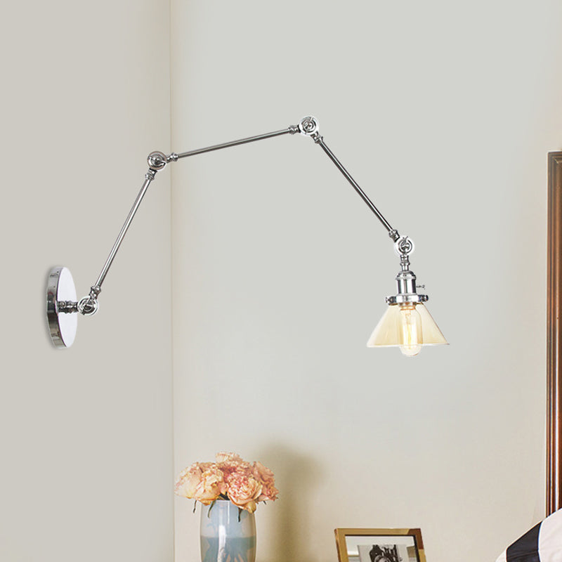 Avtoit | 1 Light Wall Lamp Industrial Cone Clear/Amber Glass Wall Lamp in Black/Bronze/Brass with Adjustable Arm, 8“+8"/8"+8"+8" Long