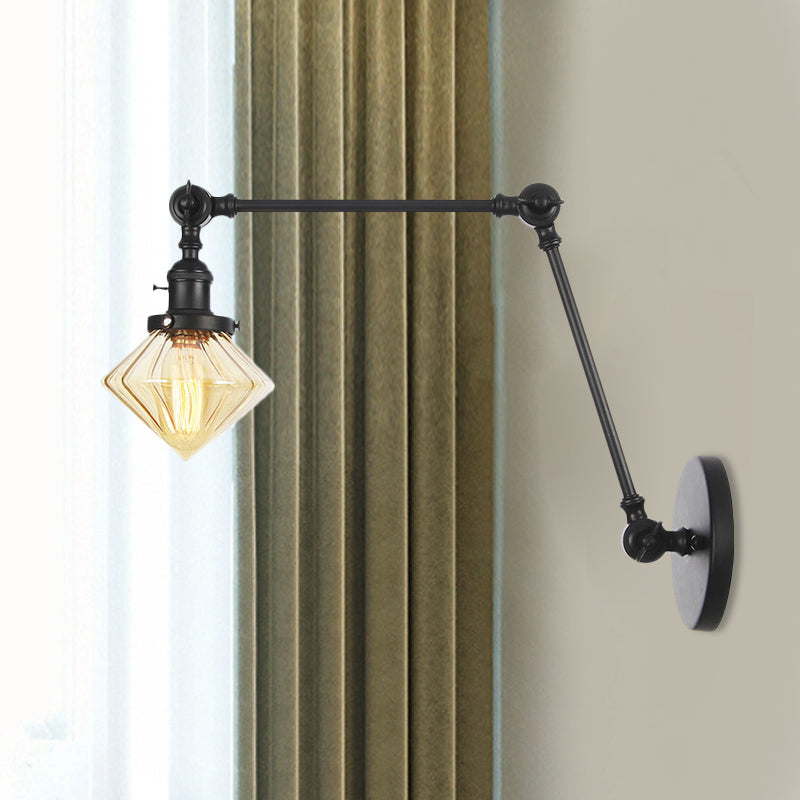 Avtoit | 1 Light Dining Room Wall Lamp Vintage Black/Bronze/Brass Wall Mounted Lamp with Diamond Clear/Amber Glass Shade, 8"+8"/8"+8"+8" L Adjustable Arm