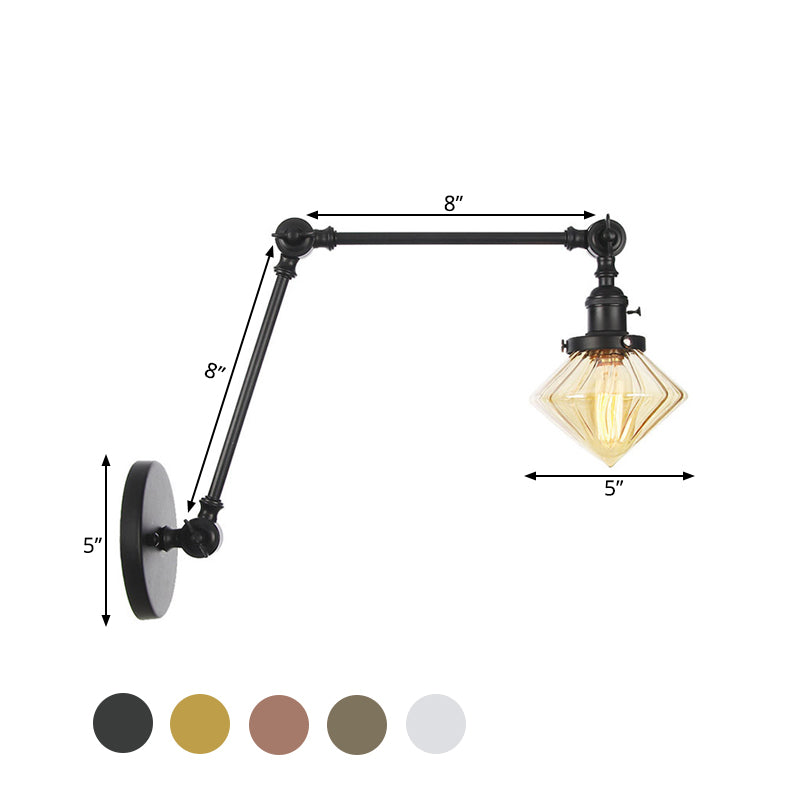 Avtoit | 1 Light Dining Room Wall Lamp Vintage Black/Bronze/Brass Wall Mounted Lamp with Diamond Clear/Amber Glass Shade, 8"+8"/8"+8"+8" L Adjustable Arm