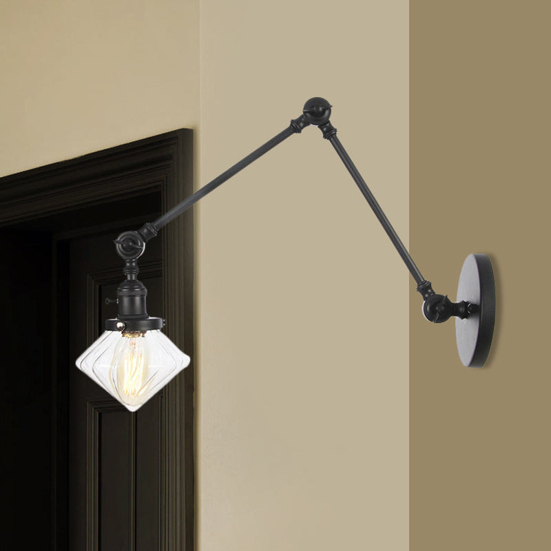 Avtoit | 1 Light Dining Room Wall Lamp Vintage Black/Bronze/Brass Wall Mounted Lamp with Diamond Clear/Amber Glass Shade, 8"+8"/8"+8"+8" L Adjustable Arm
