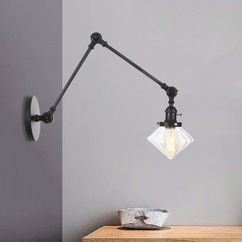 Avtoit | 1 Light Dining Room Wall Lamp Vintage Black/Bronze/Brass Wall Mounted Lamp with Diamond Clear/Amber Glass Shade, 8"+8"/8"+8"+8" L Adjustable Arm