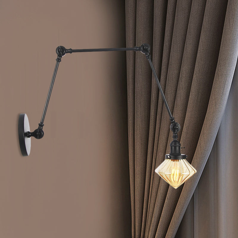 Avtoit | 1 Light Dining Room Wall Lamp Vintage Black/Bronze/Brass Wall Mounted Lamp with Diamond Clear/Amber Glass Shade, 8"+8"/8"+8"+8" L Adjustable Arm