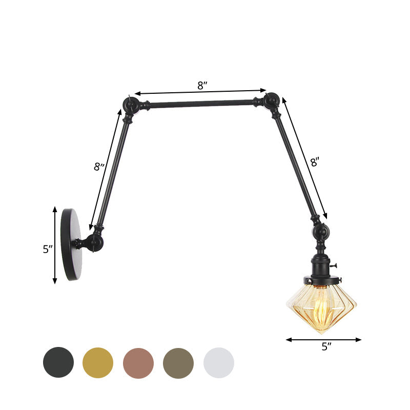 Avtoit | 1 Light Dining Room Wall Lamp Vintage Black/Bronze/Brass Wall Mounted Lamp with Diamond Clear/Amber Glass Shade, 8"+8"/8"+8"+8" L Adjustable Arm