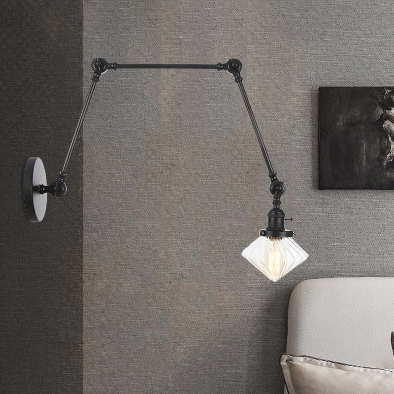 Avtoit | 1 Light Dining Room Wall Lamp Vintage Black/Bronze/Brass Wall Mounted Lamp with Diamond Clear/Amber Glass Shade, 8"+8"/8"+8"+8" L Adjustable Arm