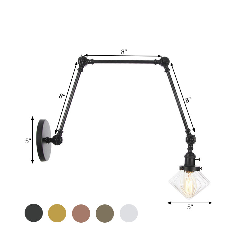 Avtoit | 1 Light Dining Room Wall Lamp Vintage Black/Bronze/Brass Wall Mounted Lamp with Diamond Clear/Amber Glass Shade, 8"+8"/8"+8"+8" L Adjustable Arm