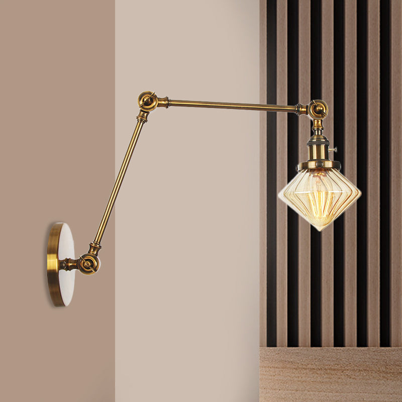 Avtoit | 1 Light Dining Room Wall Lamp Vintage Black/Bronze/Brass Wall Mounted Lamp with Diamond Clear/Amber Glass Shade, 8"+8"/8"+8"+8" L Adjustable Arm