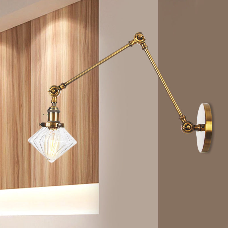 Avtoit | 1 Light Dining Room Wall Lamp Vintage Black/Bronze/Brass Wall Mounted Lamp with Diamond Clear/Amber Glass Shade, 8"+8"/8"+8"+8" L Adjustable Arm