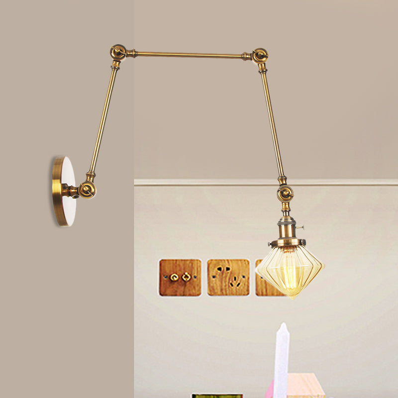 Avtoit | 1 Light Dining Room Wall Lamp Vintage Black/Bronze/Brass Wall Mounted Lamp with Diamond Clear/Amber Glass Shade, 8"+8"/8"+8"+8" L Adjustable Arm