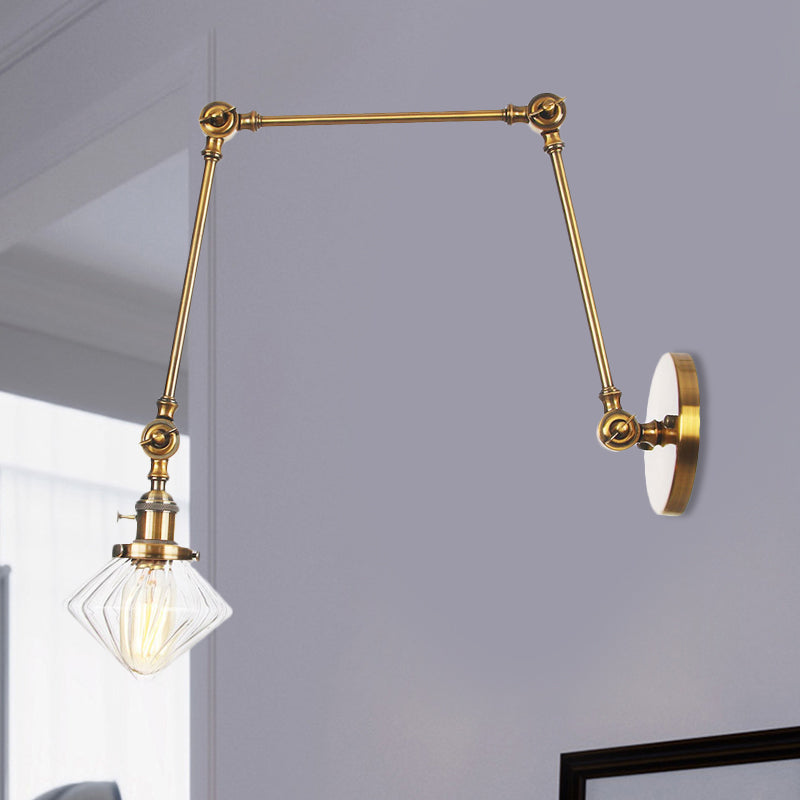Avtoit | 1 Light Dining Room Wall Lamp Vintage Black/Bronze/Brass Wall Mounted Lamp with Diamond Clear/Amber Glass Shade, 8"+8"/8"+8"+8" L Adjustable Arm