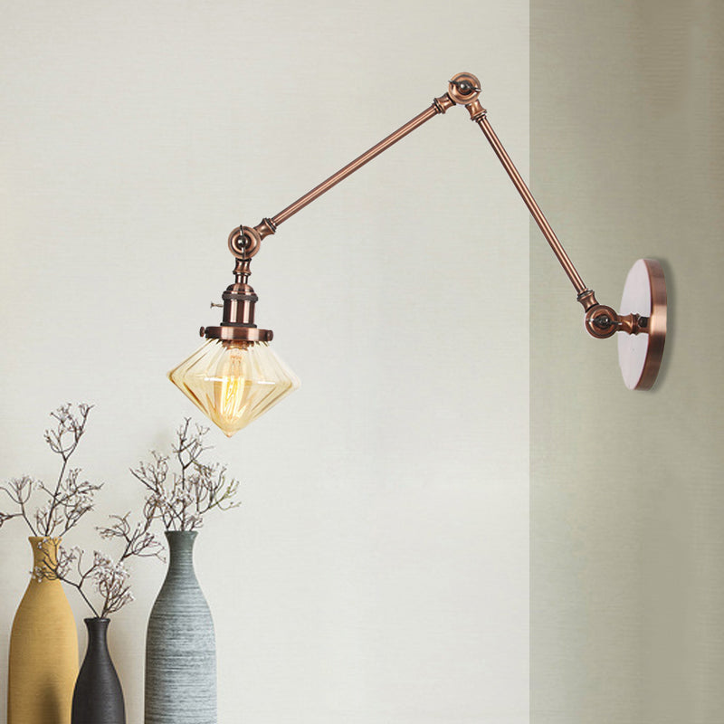 Avtoit | 1 Light Dining Room Wall Lamp Vintage Black/Bronze/Brass Wall Mounted Lamp with Diamond Clear/Amber Glass Shade, 8"+8"/8"+8"+8" L Adjustable Arm