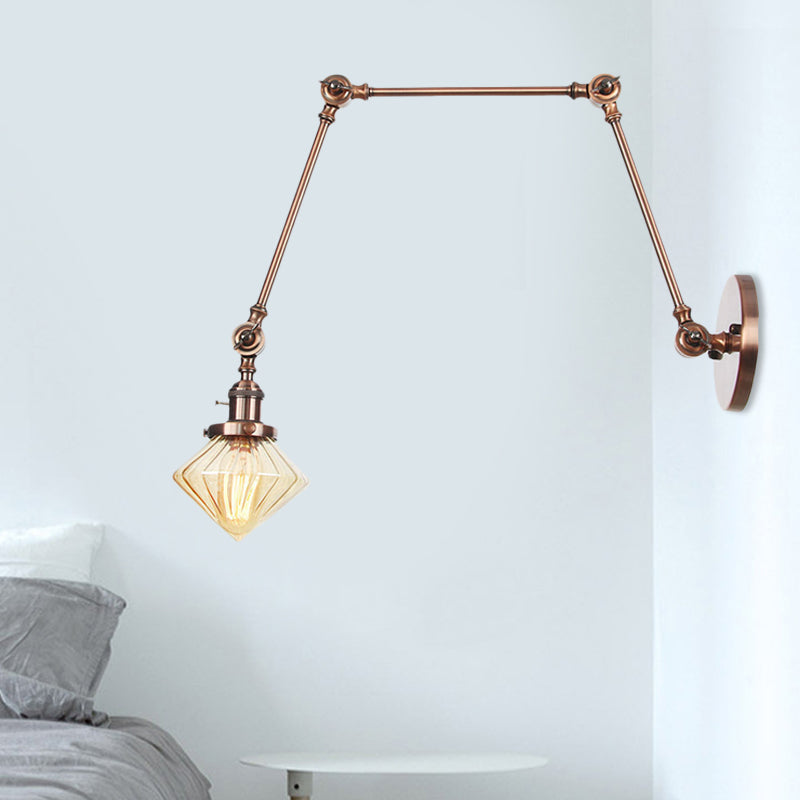 Avtoit | 1 Light Dining Room Wall Lamp Vintage Black/Bronze/Brass Wall Mounted Lamp with Diamond Clear/Amber Glass Shade, 8"+8"/8"+8"+8" L Adjustable Arm