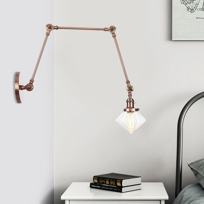 Avtoit | 1 Light Dining Room Wall Lamp Vintage Black/Bronze/Brass Wall Mounted Lamp with Diamond Clear/Amber Glass Shade, 8"+8"/8"+8"+8" L Adjustable Arm
