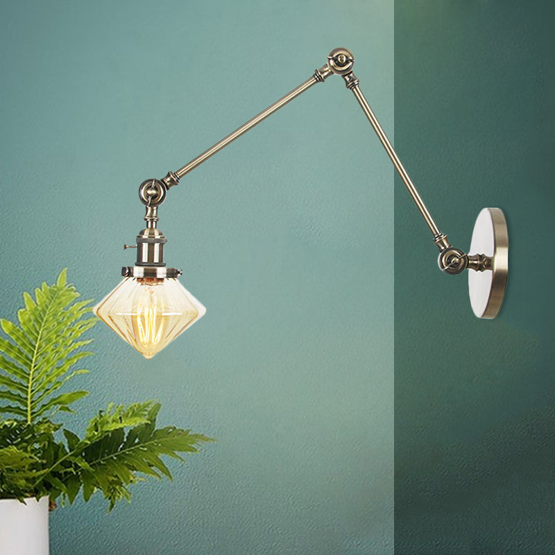 Avtoit | 1 Light Dining Room Wall Lamp Vintage Black/Bronze/Brass Wall Mounted Lamp with Diamond Clear/Amber Glass Shade, 8"+8"/8"+8"+8" L Adjustable Arm